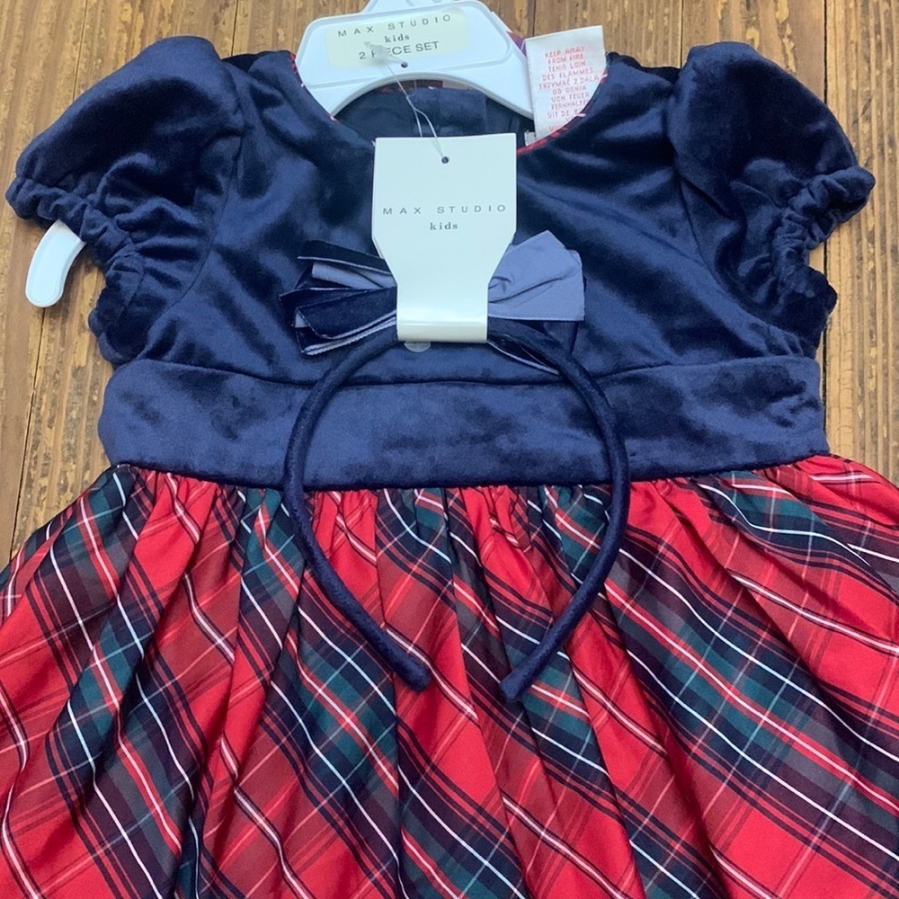 Max Studio Girl’s Red Tartan Plaid Christmas Dress With Headband NWT 2